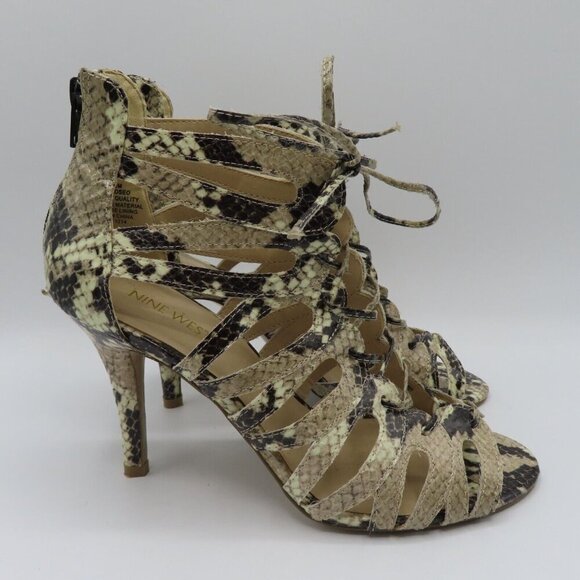 Nine West Women 8.5 M AMBROSEO Snakeskin Print Cage Cut Out Lace Up High Heels - Picture 7 of 10